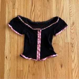 Vintage Betsey Johnson black pink ribbon 90s y2K Swiss dot cardigan small